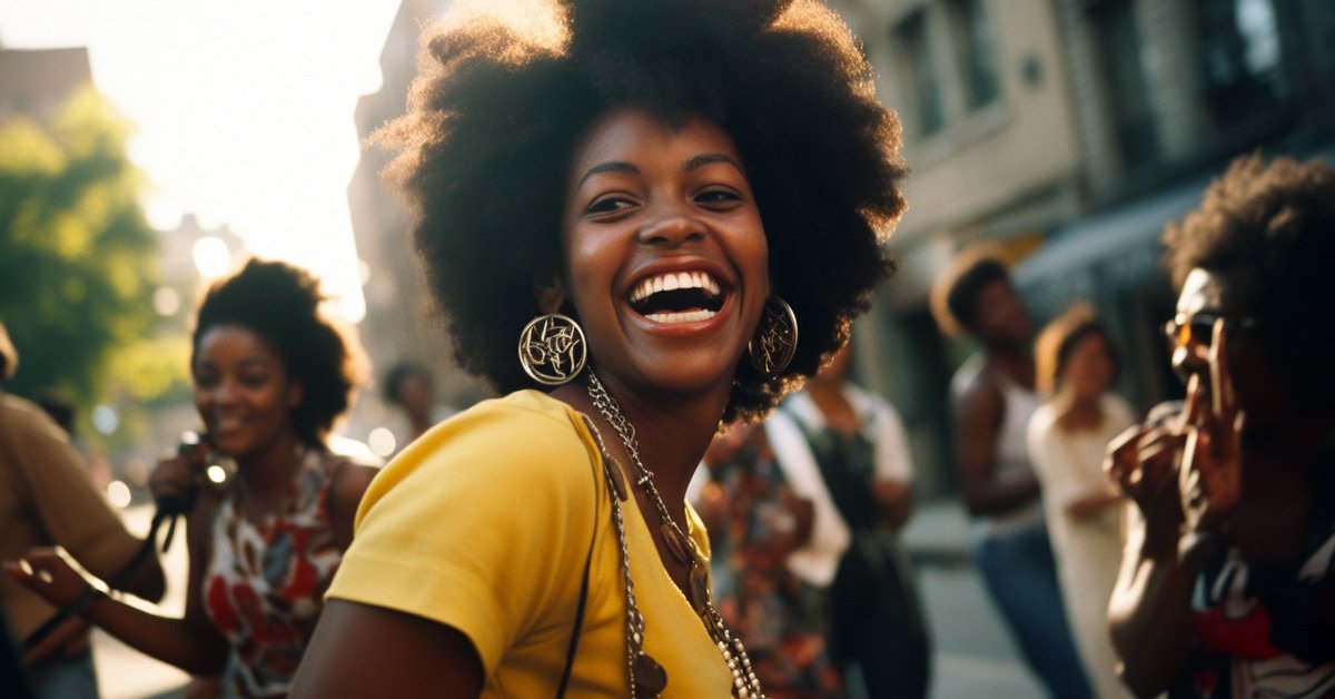 The Black Girl's Guide to Growing Maintaining and Caring for Her Natural Hair: a group of happy Black woman with natural hair of different lengths and styles captured with a vintage film camera.