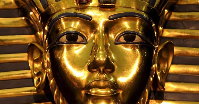 The burial mask of ancient Egyptian boy pharaoh Tutankhamun.