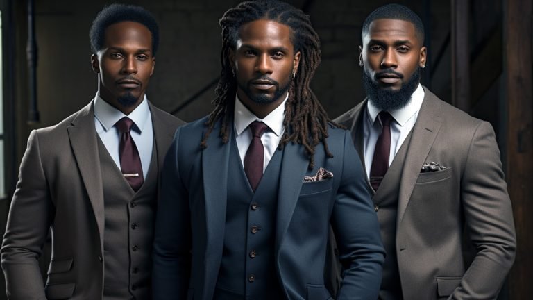 African American businessmen in suits each with a different hairstyle including dreads, afro, and a corporate buzz cut.