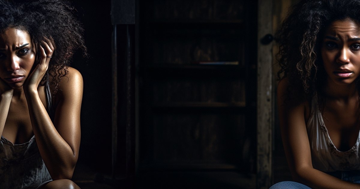 Afro Hair Care: Photograph of a black woman sitting in a dark room looking anguished with unkempt hair.